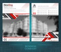 Two sided brochure or flayer template design with blurred color photo of buildings. Mock-up cover in black and red abstarct vector